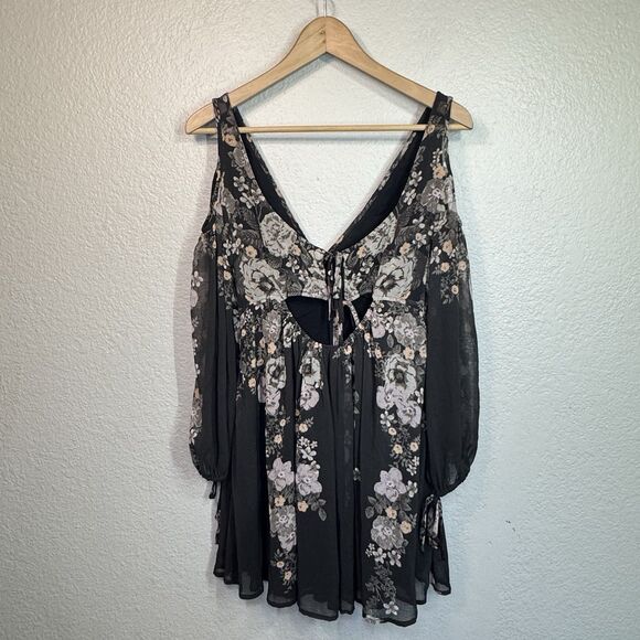 Free People Dress S Penny Lover Mini Sheere Chiffon Black Floral Boho Romantic - Picture 2 of 8